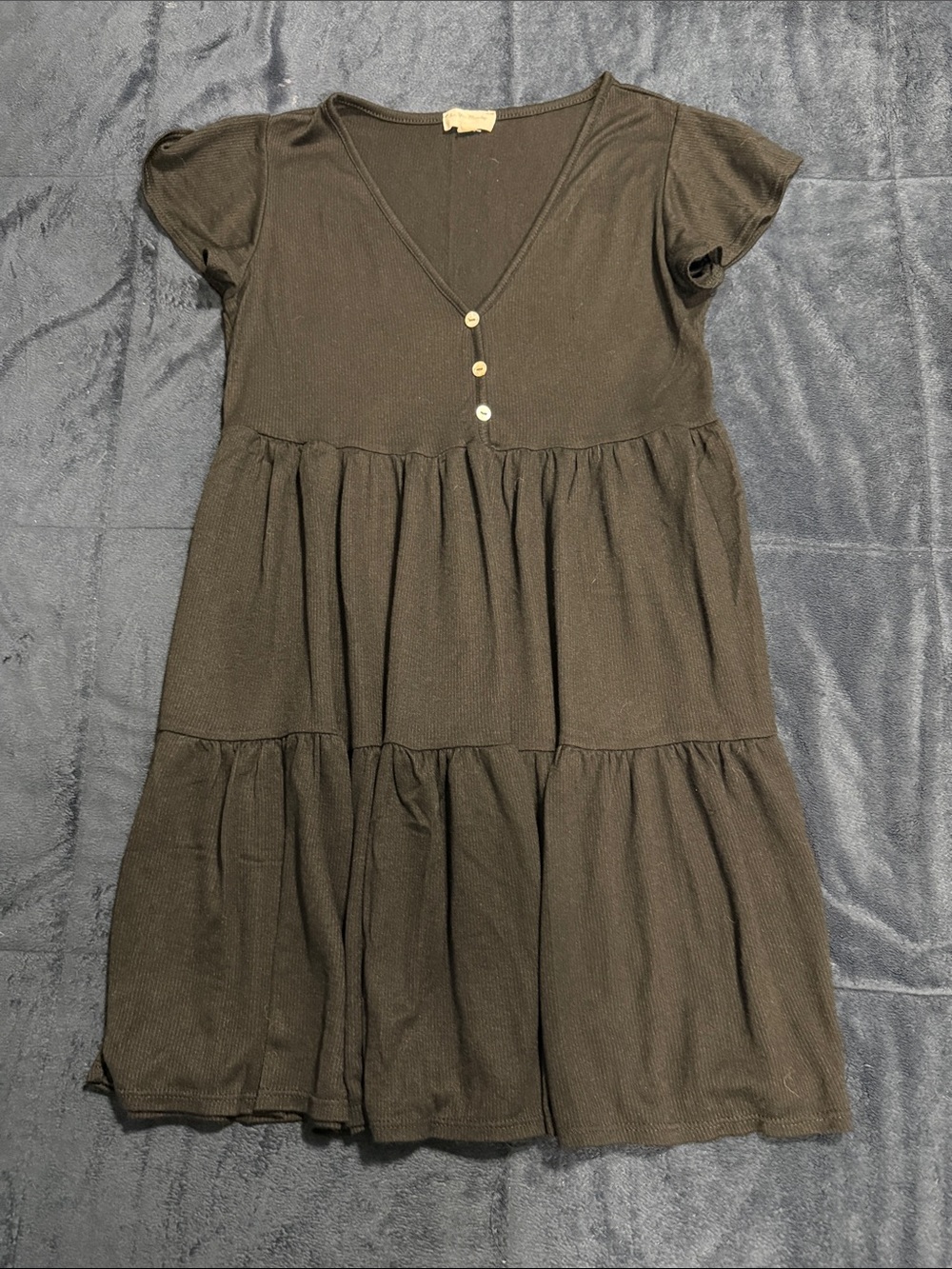 See You Monday Black V-Neck Tiered Mini Dress with Buttons